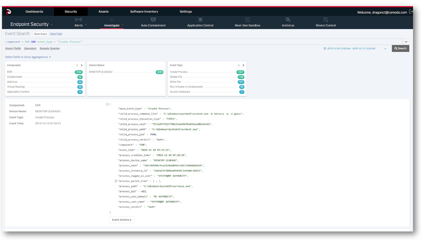 Comodo Endpoint Security Event Search